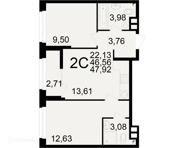 Планировка 2 комн. в ЖК Аура