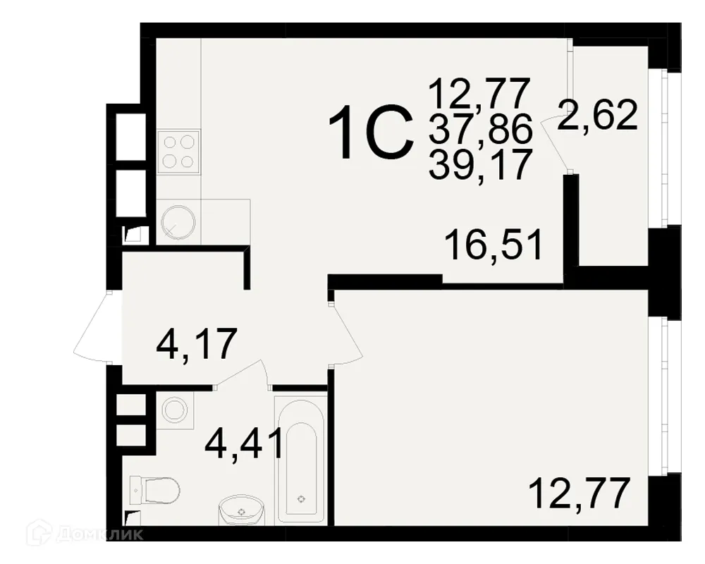 Планировка 1-комнатной квартиры 39.17 м² в ЖК Аура, г. Рязань — фото 1