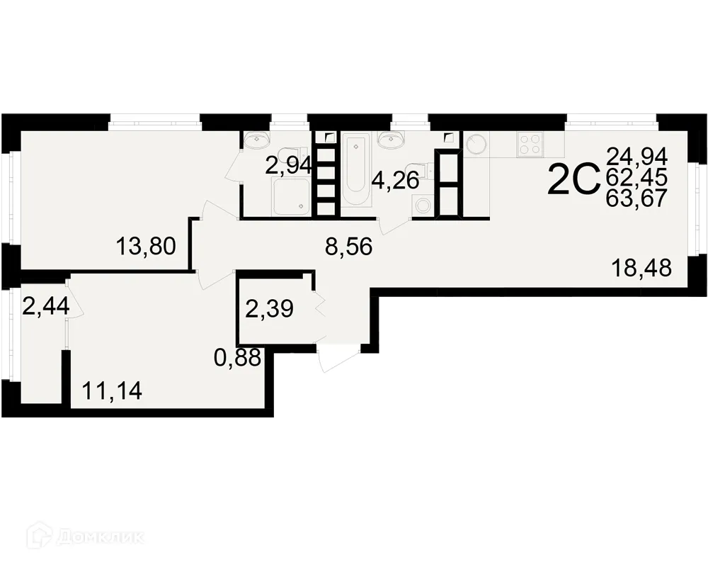 Планировка 2-комнатной квартиры 63.67 м² в ЖК Аура, г. Рязань — фото 1