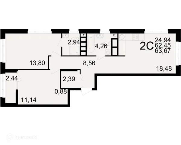 Планировка 2 комн. в ЖК Аура