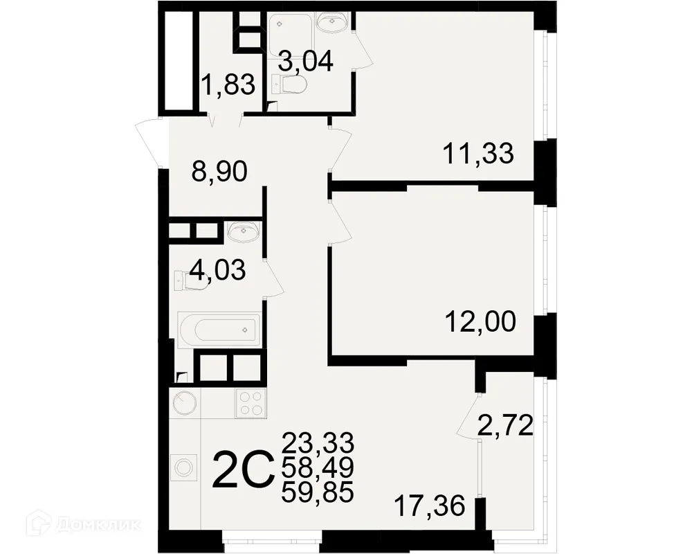 Планировка 2-комнатной квартиры 59.85 м² в ЖК Аура, г. Рязань — фото 1