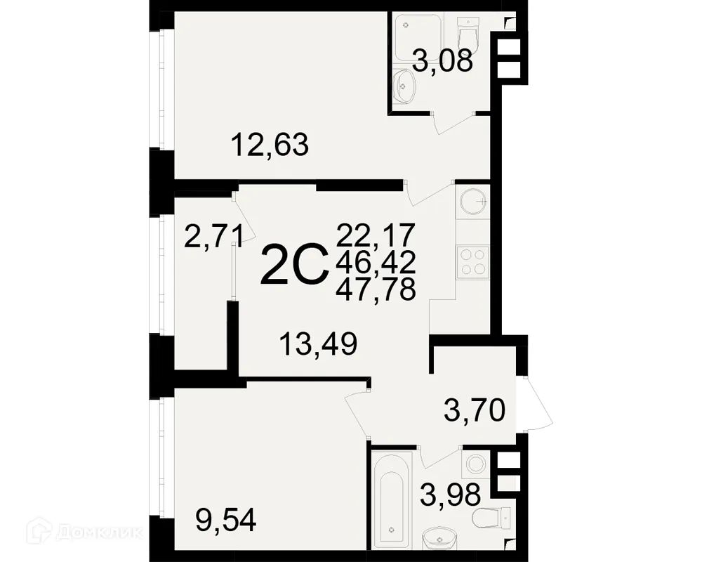 Планировка 2-комнатной квартиры 47.78 м² в ЖК Аура, г. Рязань — фото 1
