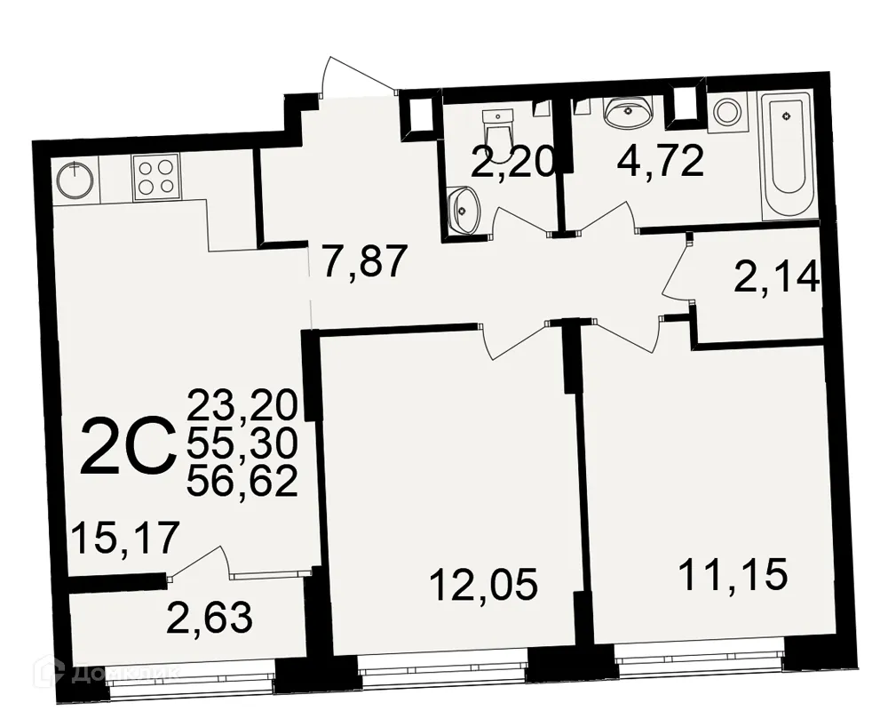 Планировка 2-комнатной квартиры 56.62 м² в ЖК Аура, г. Рязань — фото 1