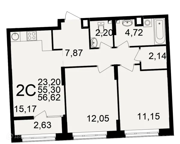 Планировка 2 комн. в ЖК Аура