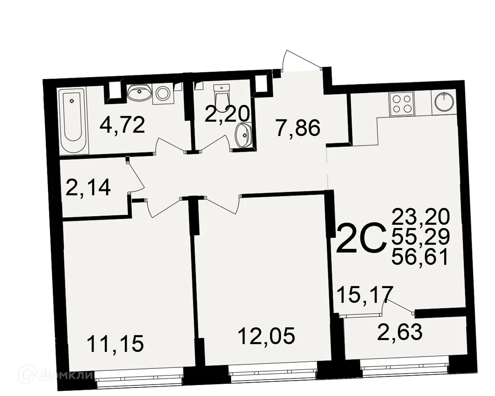 Планировка 2-комнатной квартиры 56.61 м² в ЖК Аура, г. Рязань — фото 1