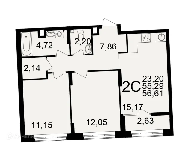 Планировка 2 комн. в ЖК Аура