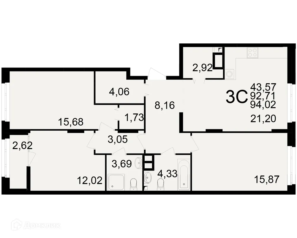 Планировка 3-комнатной квартиры 94.02 м² в ЖК Аура, г. Рязань — фото 1