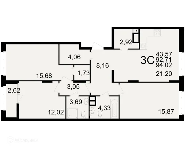 Планировка 3 комн. в ЖК Аура