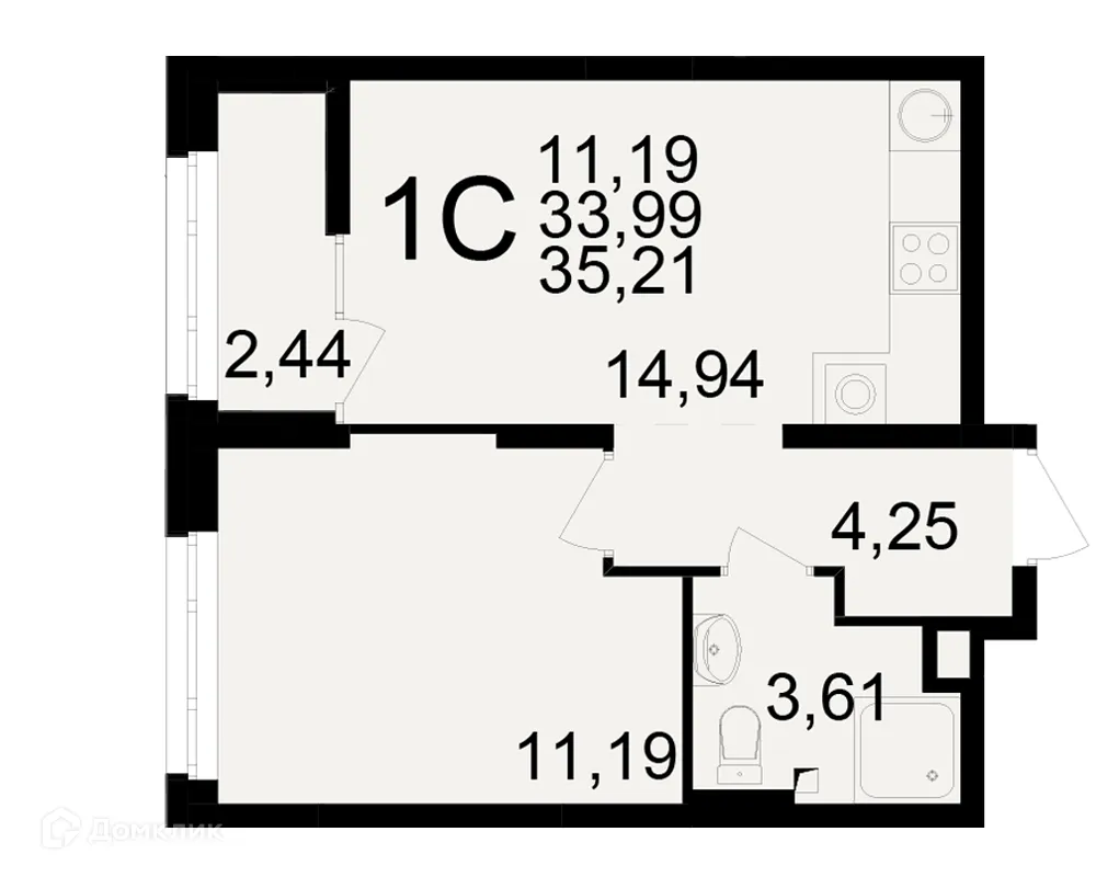 Планировка 1-комнатной квартиры 35.21 м² в ЖК Аура, г. Рязань — фото 1