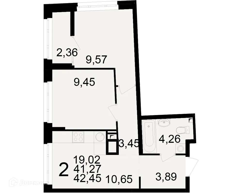 Планировка 2-комнатной квартиры 42.45 м² в ЖК Аура, г. Рязань — фото 1
