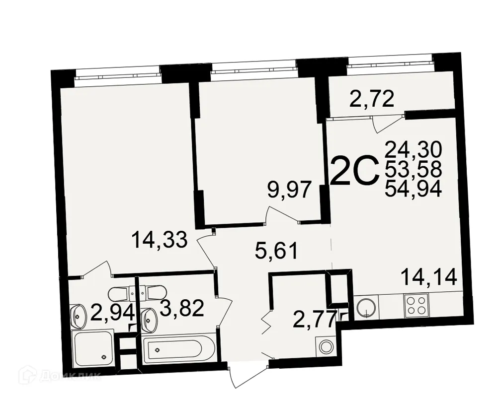 Планировка 2-комнатной квартиры 54.94 м² в ЖК Аура, г. Рязань — фото 1