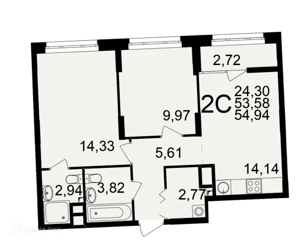 Планировка 2 комн. в ЖК Аура