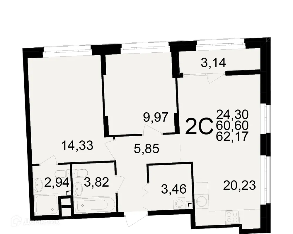 Планировка 2-комнатной квартиры 62.17 м² в ЖК Аура, г. Рязань — фото 1