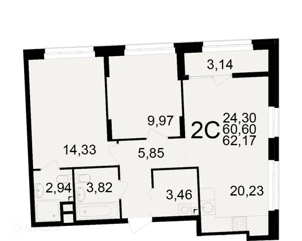 Планировка 2 комн. в ЖК Аура