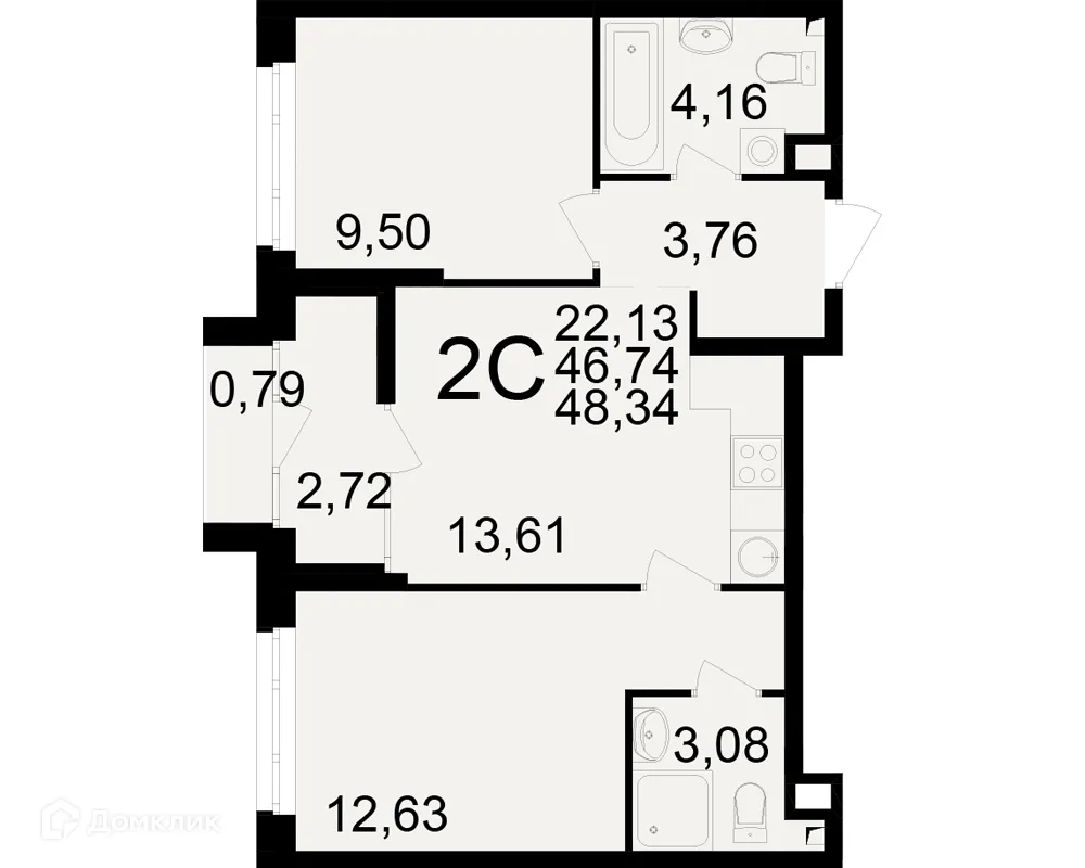 Планировка 2-комнатной квартиры 48.34 м² в ЖК Аура, г. Рязань — фото 1
