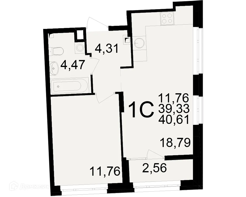 Планировка 1-комнатной квартиры 40.61 м² в ЖК Аура, г. Рязань — фото 1