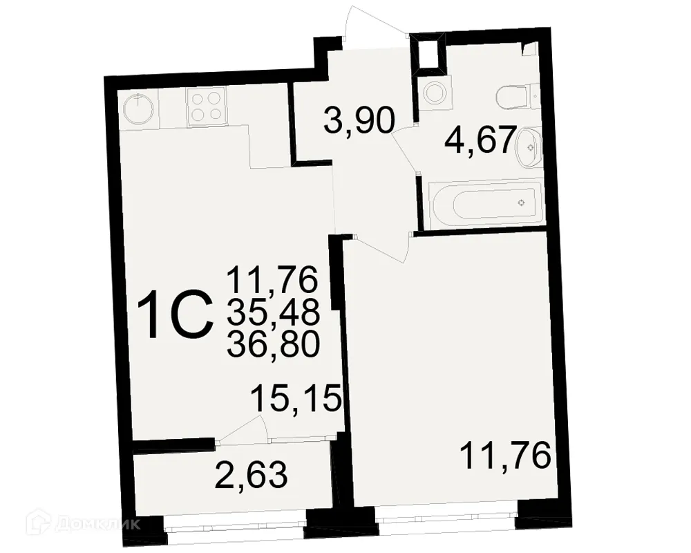 Планировка 1-комнатной квартиры 36.8 м² в ЖК Аура, г. Рязань — фото 1