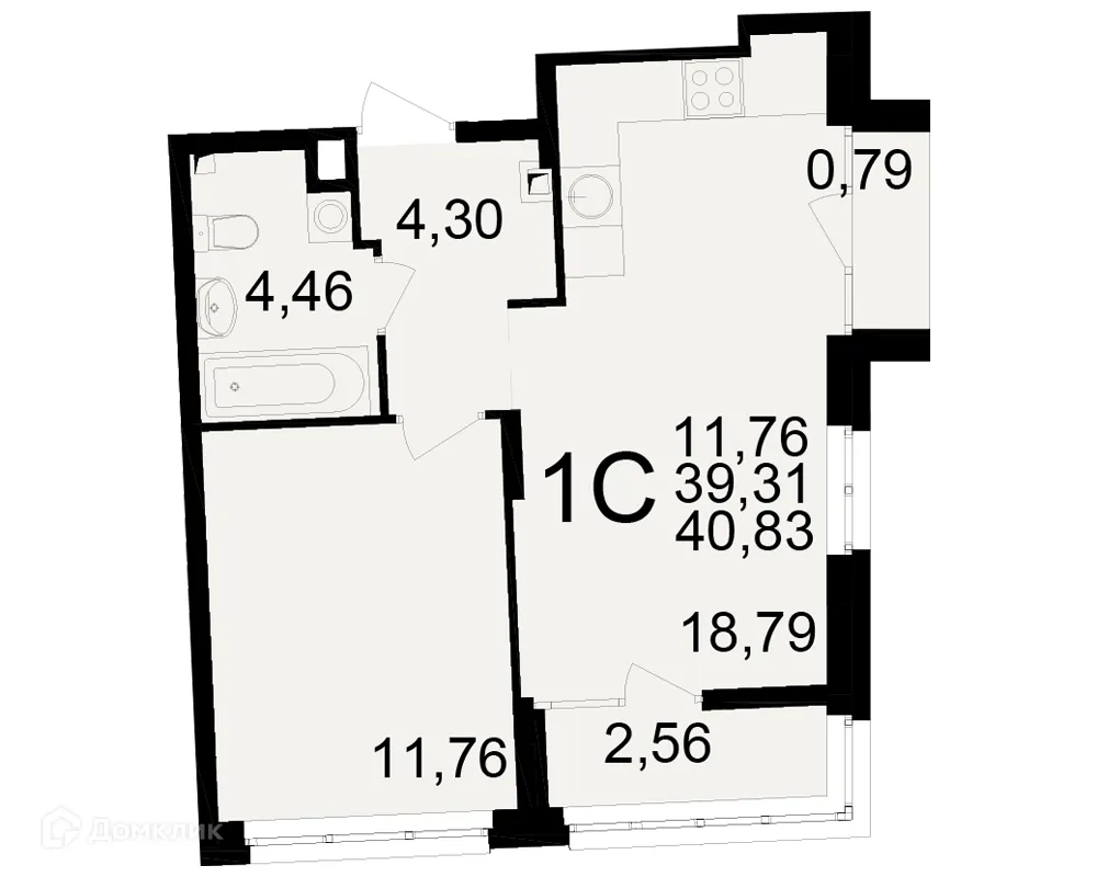 Планировка 1-комнатной квартиры 40.83 м² в ЖК Аура, г. Рязань — фото 1