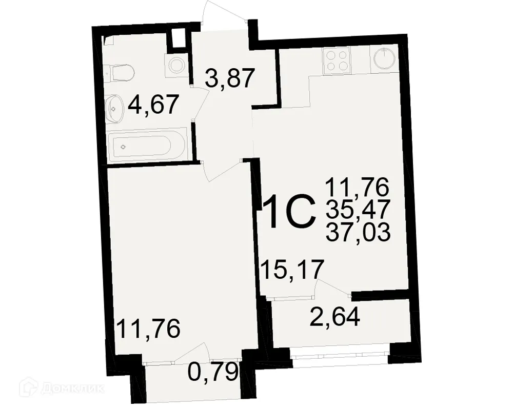 Планировка 1-комнатной квартиры 37.03 м² в ЖК Аура, г. Рязань — фото 1