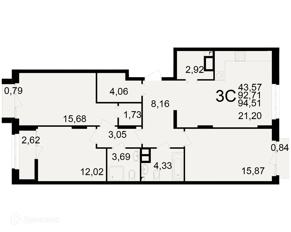 Планировка 3-комнатной квартиры 94.51 м² в ЖК Аура, г. Рязань — фото 1