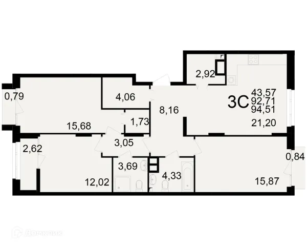 Планировка 3 комн. в ЖК Аура