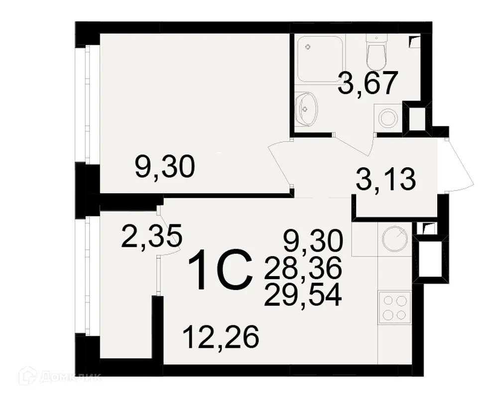 Планировка 1-комнатной квартиры 29.54 м² в ЖК Аура, г. Рязань — фото 1