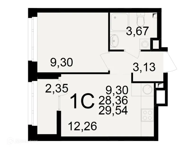 Планировка 1 комн. в ЖК Аура