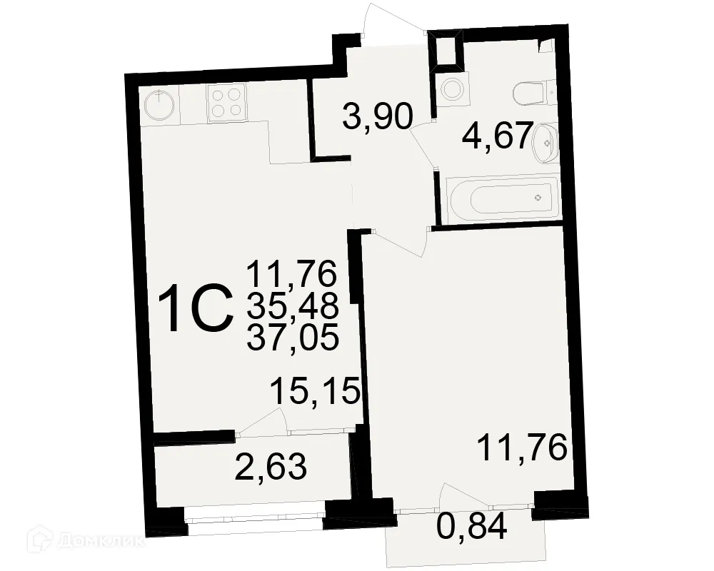 Планировка 1-комнатной квартиры 37.05 м² в ЖК Аура, г. Рязань — фото 1