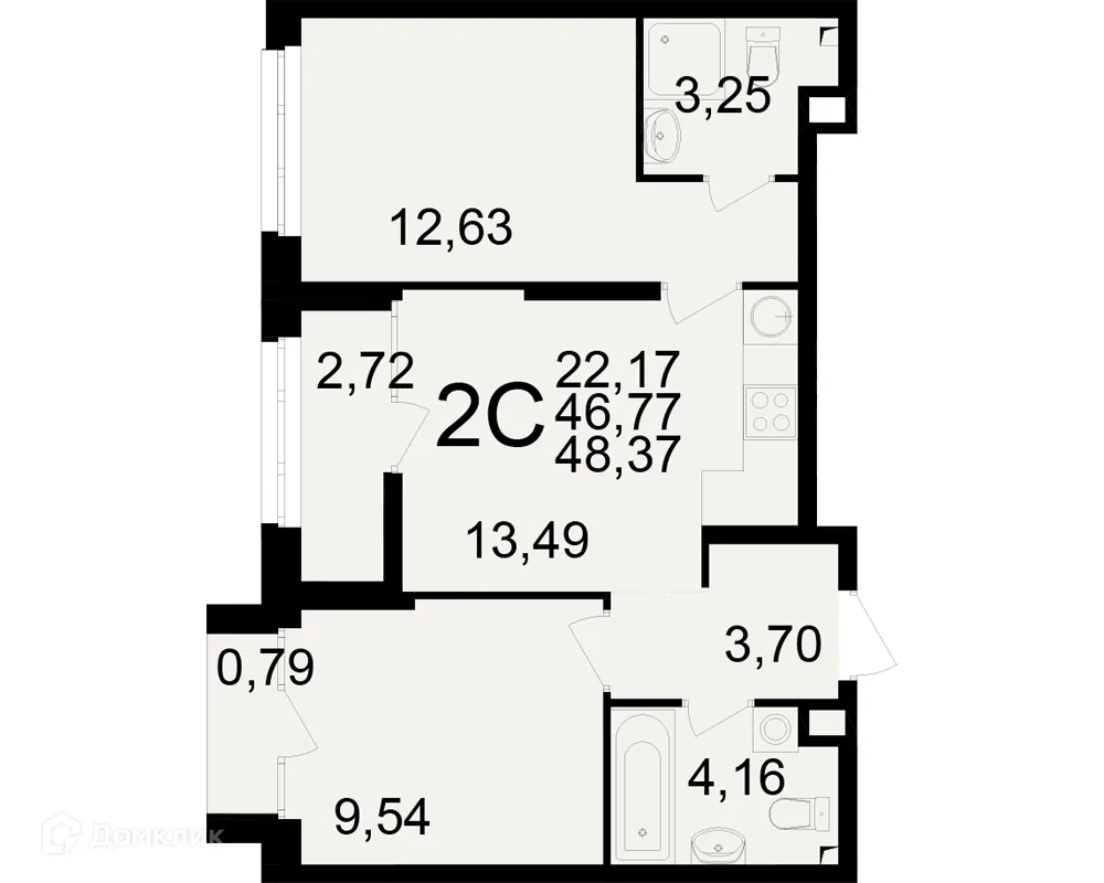 Планировка 2-комнатной квартиры 48.37 м² в ЖК Аура, г. Рязань — фото 1