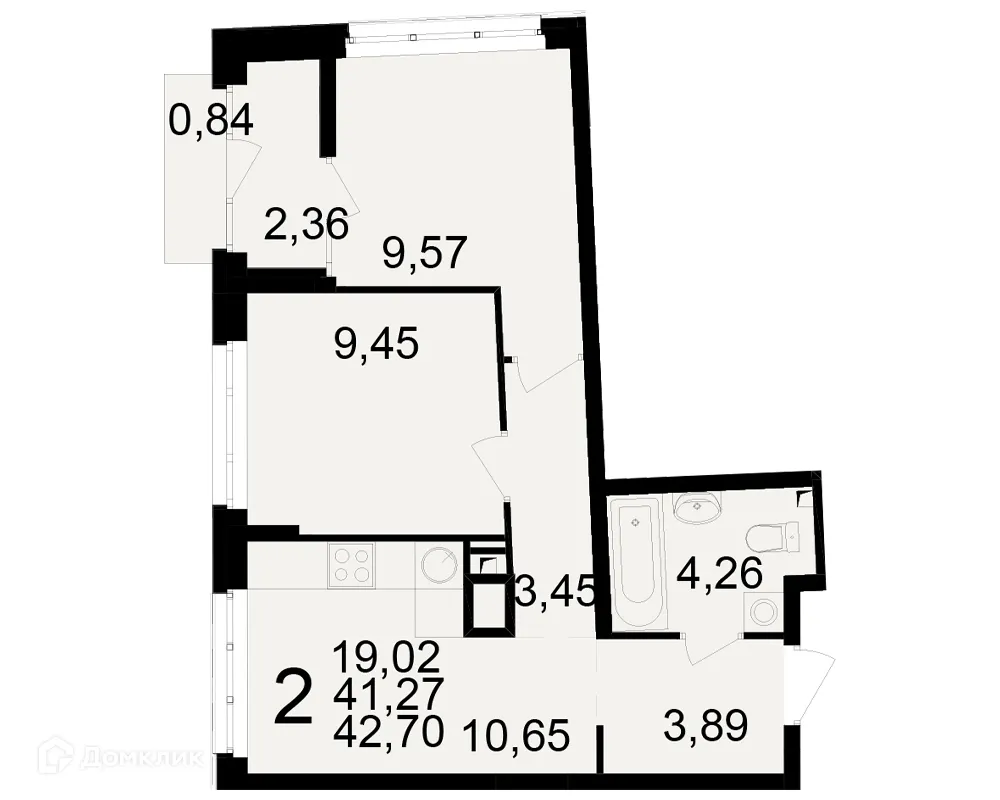 Планировка 2-комнатной квартиры 42.7 м² в ЖК Аура, г. Рязань — фото 1