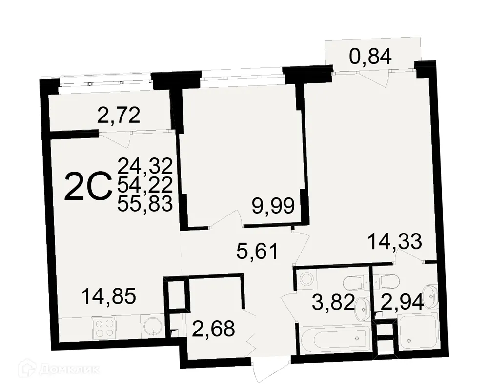 Планировка 2-комнатной квартиры 55.83 м² в ЖК Аура, г. Рязань — фото 1