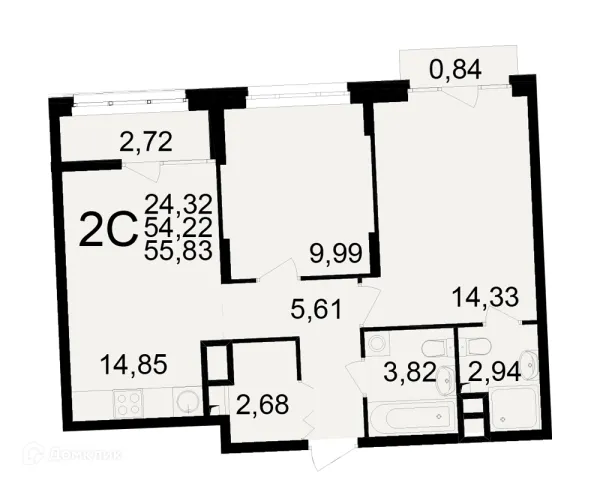 Планировка 2 комн. в ЖК Аура