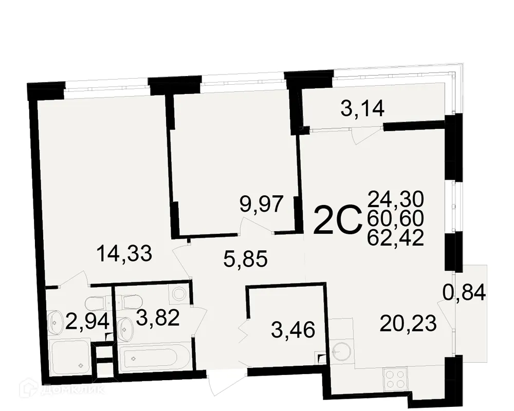 Планировка 2-комнатной квартиры 62.42 м² в ЖК Аура, г. Рязань — фото 1