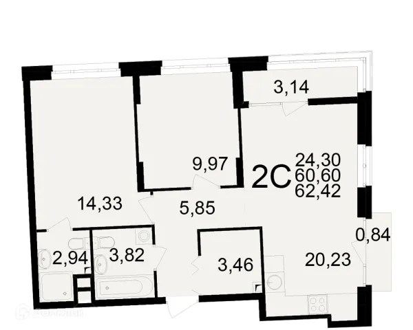 Планировка 2 комн. в ЖК Аура