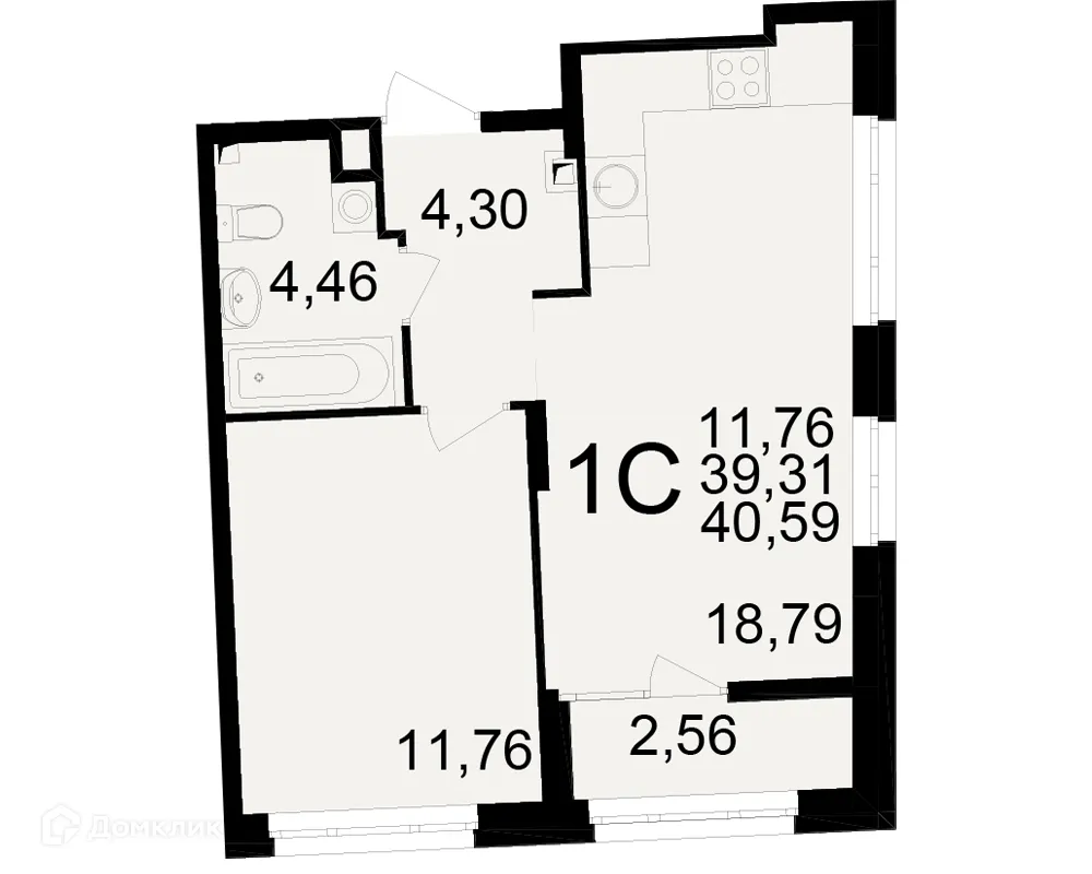 Планировка 1-комнатной квартиры 40.59 м² в ЖК Аура, г. Рязань — фото 1