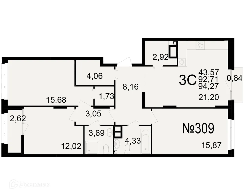 Планировка 3-комнатной квартиры 94.27 м² в ЖК Аура, г. Рязань — фото 1