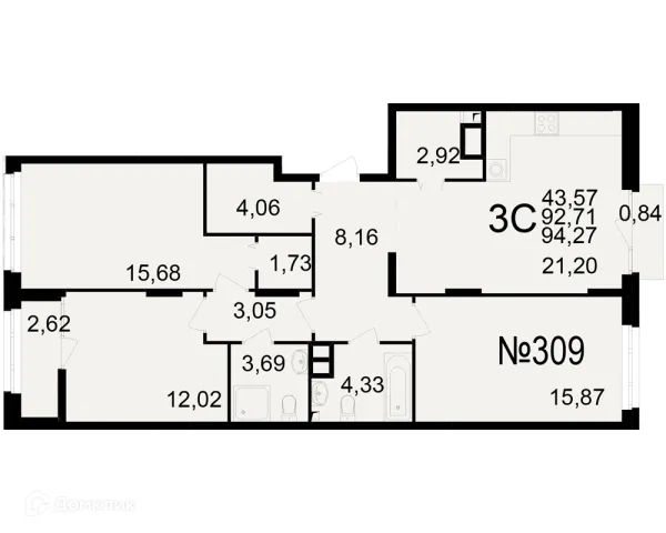 Планировка 3 комн. в ЖК Аура