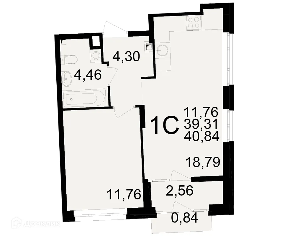 Планировка 1-комнатной квартиры 40.84 м² в ЖК Аура, г. Рязань — фото 1