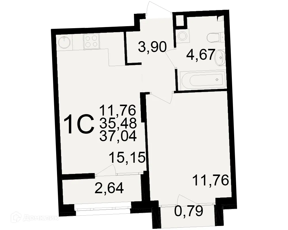 Планировка 1-комнатной квартиры 37.04 м² в ЖК Аура, г. Рязань — фото 1