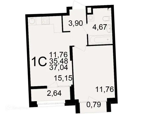 Планировка 1 комн. в ЖК Аура