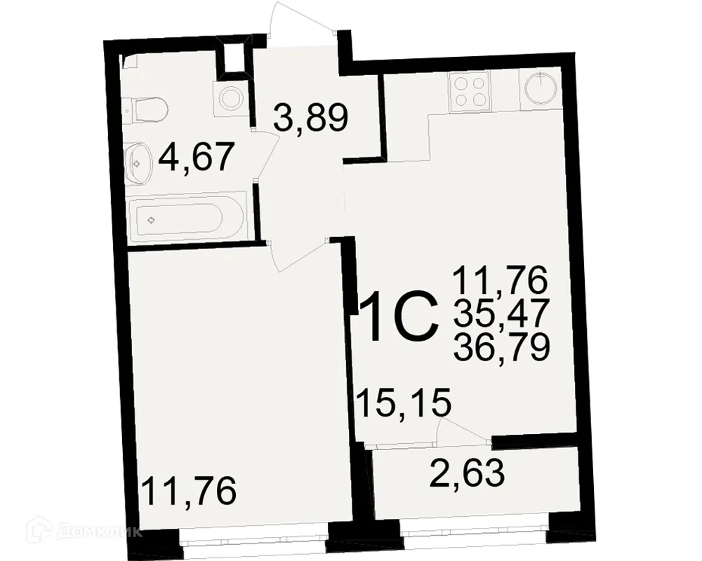 Планировка 1-комнатной квартиры 36.79 м² в ЖК Аура, г. Рязань — фото 1