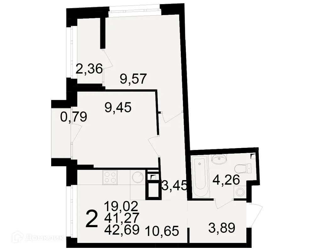 Планировка 2-комнатной квартиры 42.69 м² в ЖК Аура, г. Рязань — фото 1
