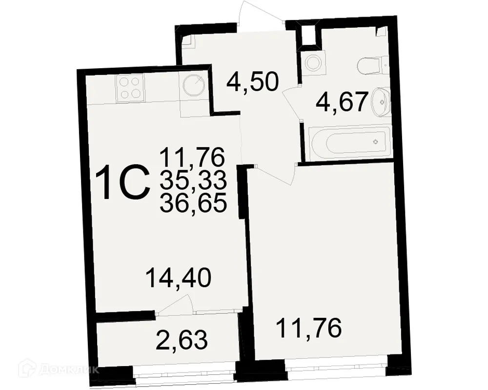 Планировка 1-комнатной квартиры 36.65 м² в ЖК Аура, г. Рязань — фото 1