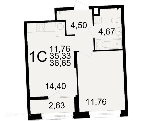 Планировка 1 комн. в ЖК Аура