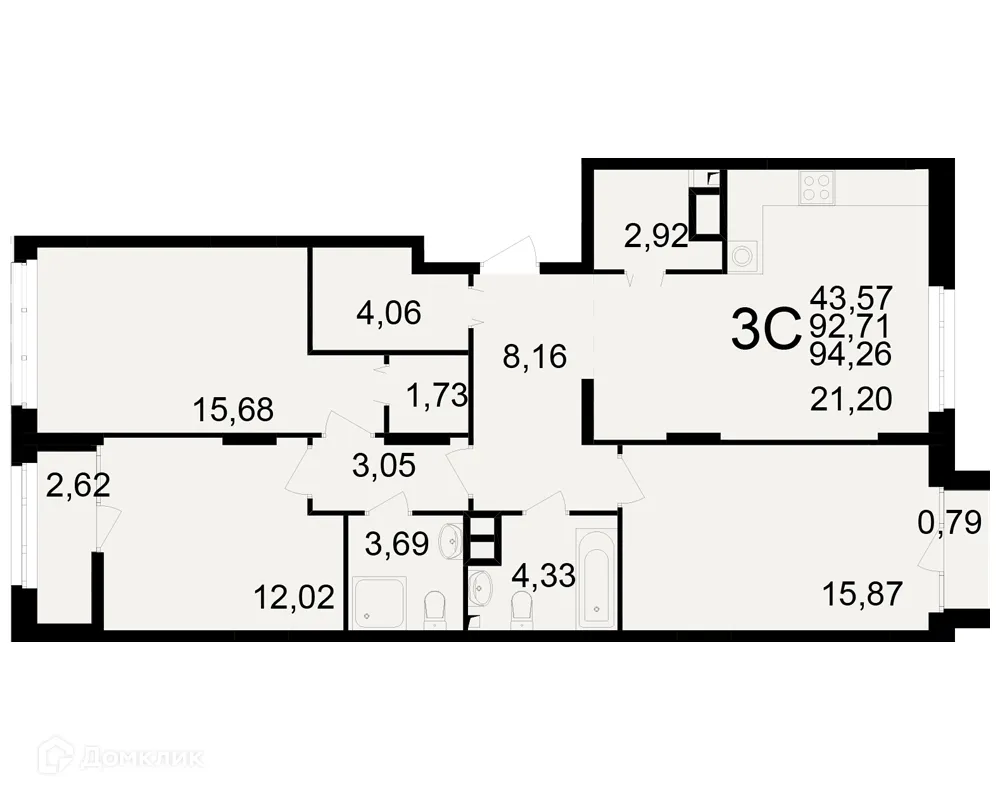 Планировка 3-комнатной квартиры 94.26 м² в ЖК Аура, г. Рязань — фото 1