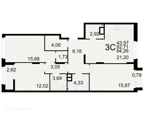 Планировка 3 комн. в ЖК Аура
