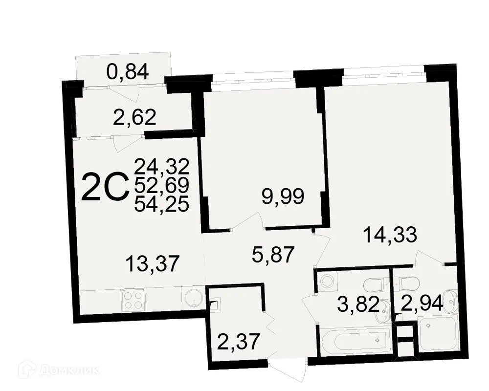 Планировка 2-комнатной квартиры 54.25 м² в ЖК Аура, г. Рязань — фото 1