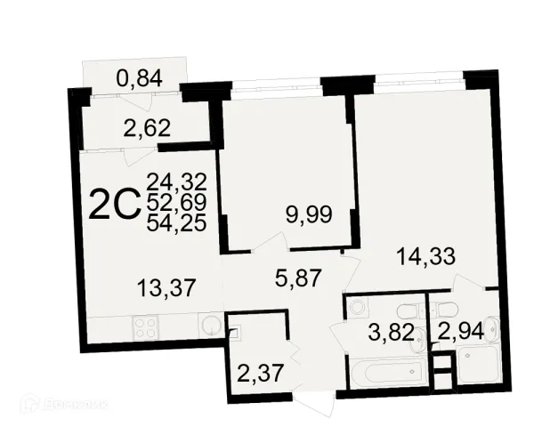 Планировка 2 комн. в ЖК Аура