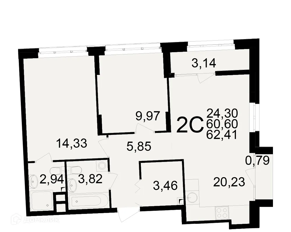 Планировка 2-комнатной квартиры 62.41 м² в ЖК Аура, г. Рязань — фото 1