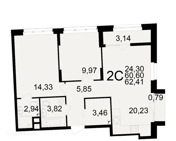 Планировка 2 комн. в ЖК Аура